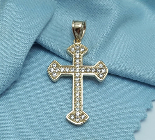 14K Solid Yellow Gold Cubic Zirconia Religious Cross Charm Pendant