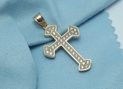 14K Solid Yellow Gold Cubic Zirconia Religious Cross Charm Pendant