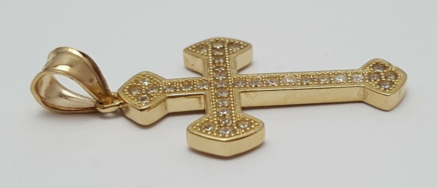 14K Solid Yellow Gold Cubic Zirconia Religious Cross Charm Pendant