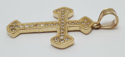 14K Solid Yellow Gold Cubic Zirconia Religious Cross Charm Pendant