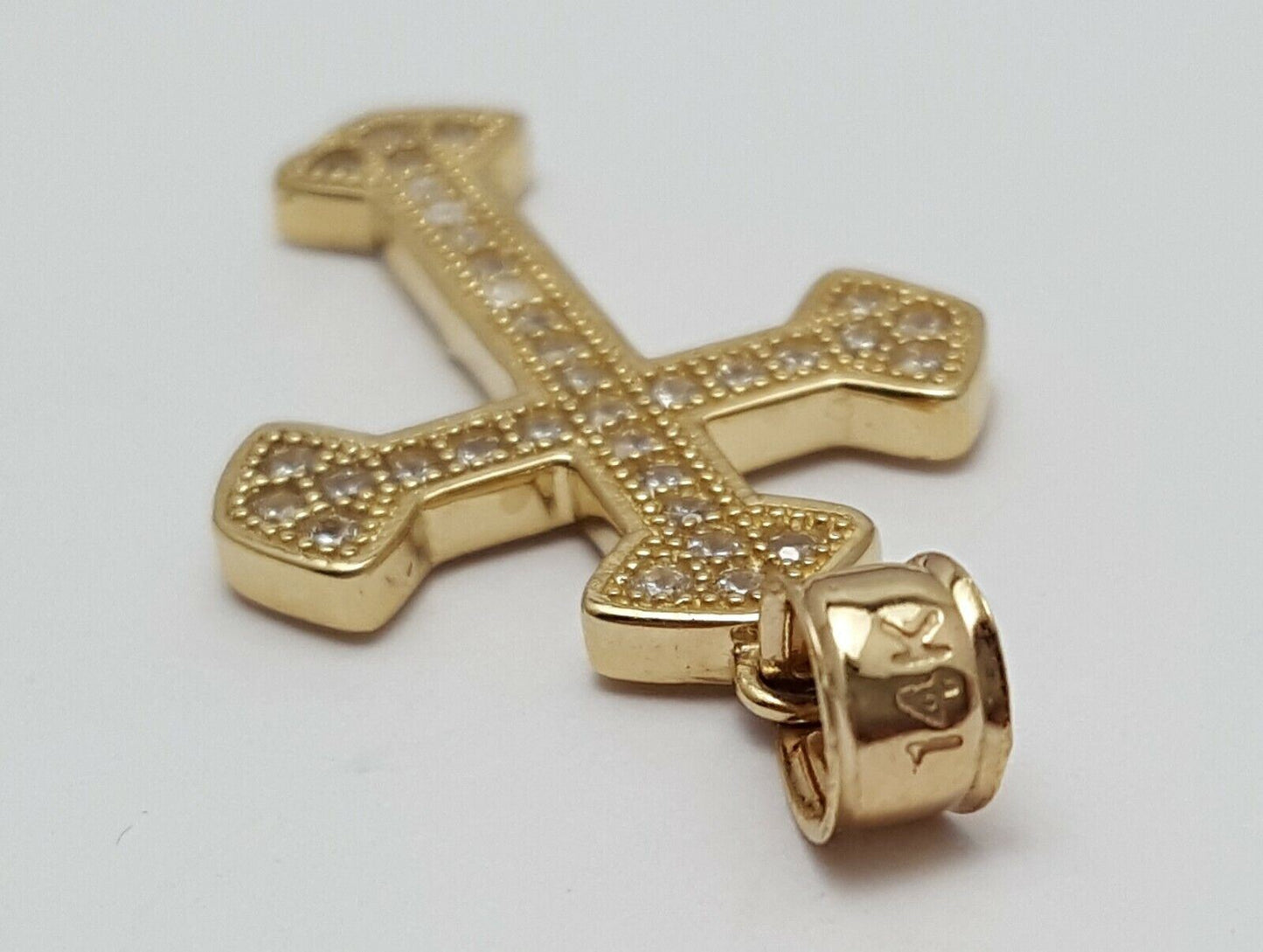 14K Solid Yellow Gold Cubic Zirconia Religious Cross Charm Pendant