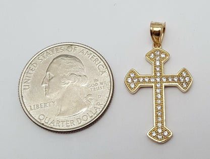 14K Solid Yellow Gold Cubic Zirconia Religious Cross Charm Pendant