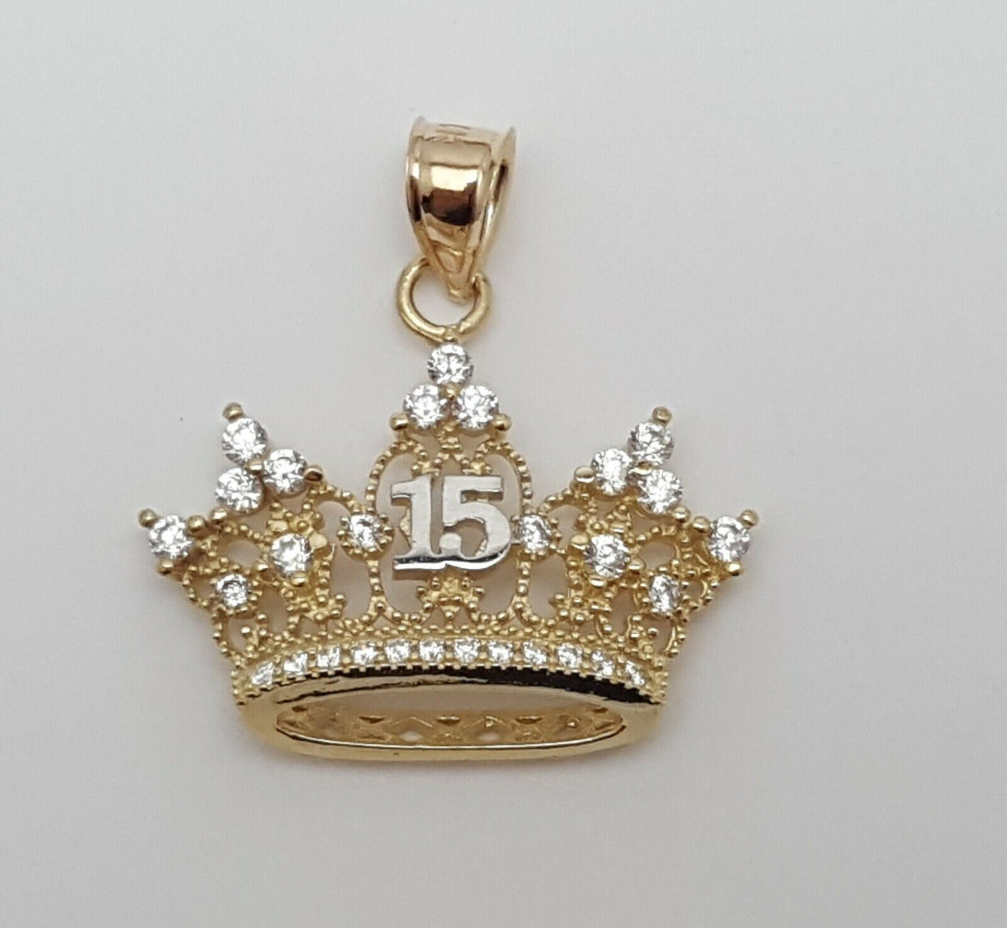 14K Two Tone Cubic Zirconia Quinceanera Tiara Crown 15 Charm Pendant