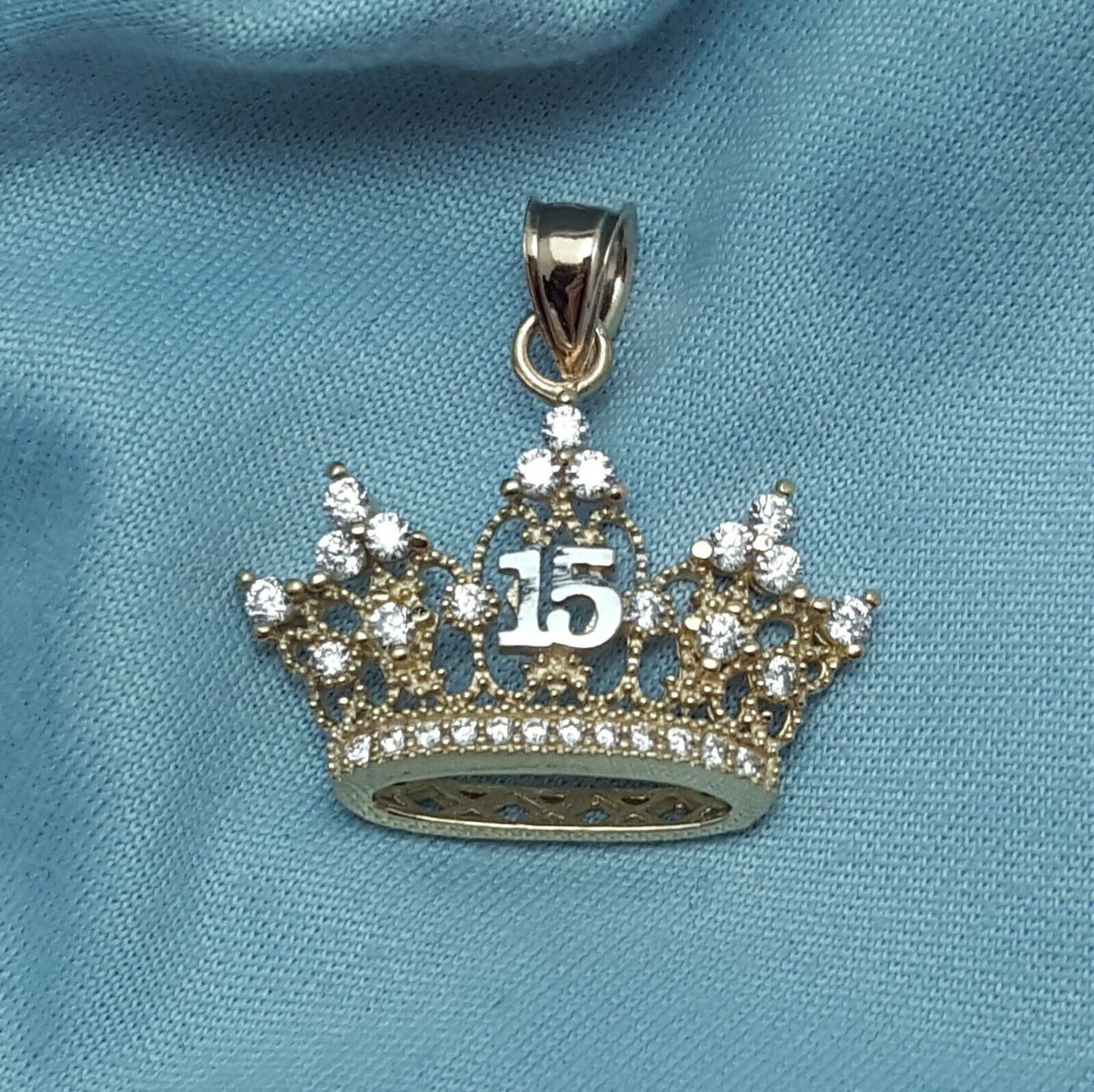 14K Two Tone Cubic Zirconia Quinceanera Tiara Crown 15 Charm Pendant