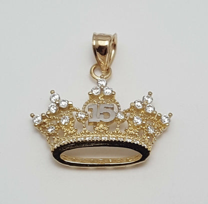 14K Two Tone Cubic Zirconia Quinceanera Tiara Crown 15 Charm Pendant