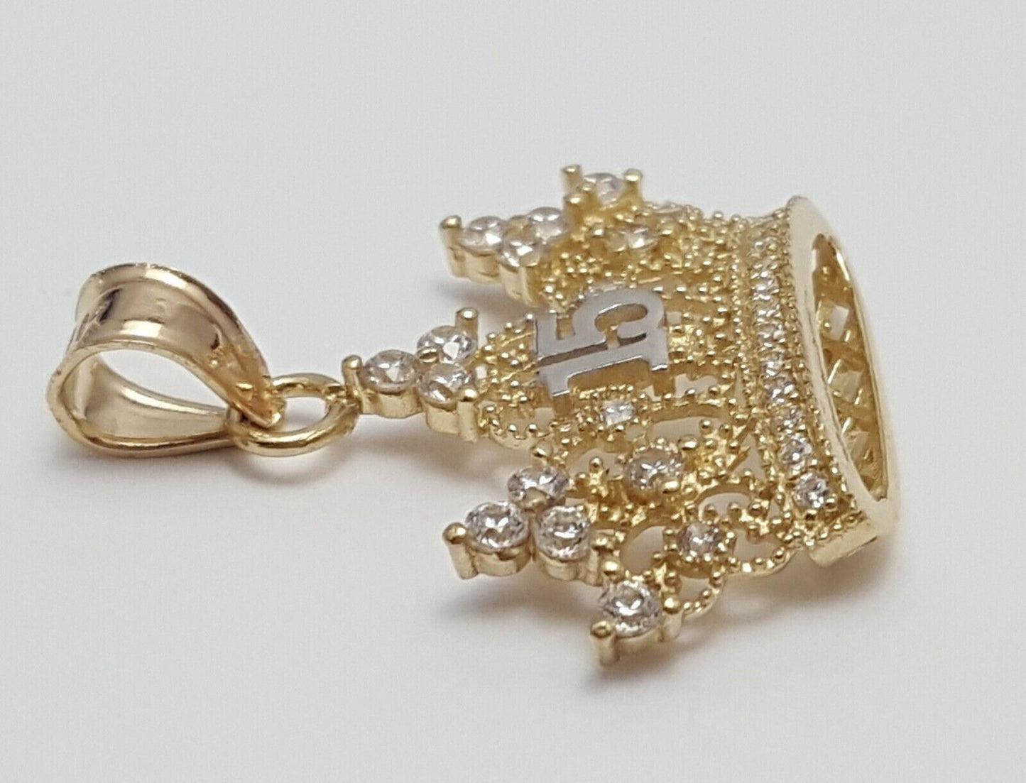 14K Two Tone Cubic Zirconia Quinceanera Tiara Crown 15 Charm Pendant