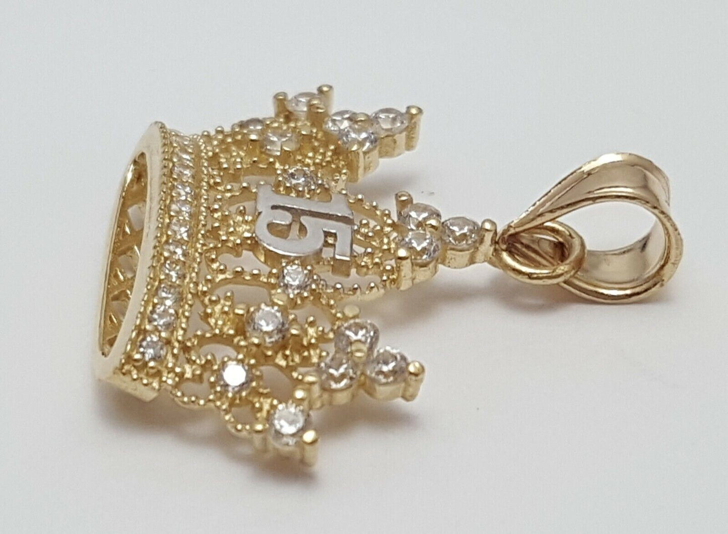 14K Two Tone Cubic Zirconia Quinceanera Tiara Crown 15 Charm Pendant