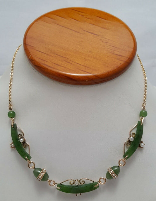 9K Yellow Gold English Jade & Pearl Link Chain Necklace