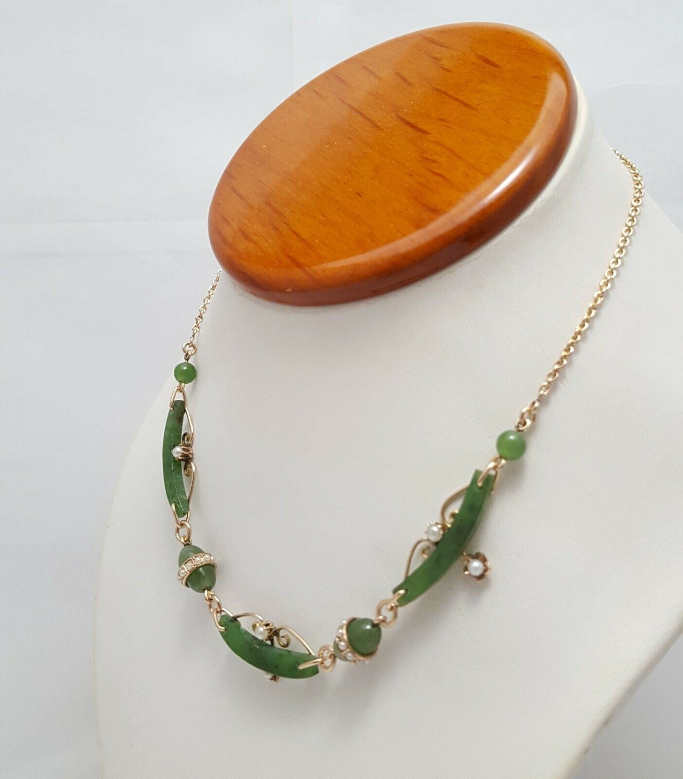 9K Yellow Gold English Jade & Pearl Link Chain Necklace