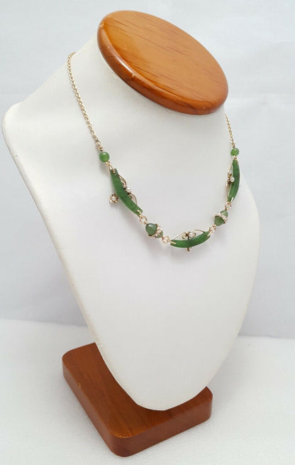 9K Yellow Gold English Jade & Pearl Link Chain Necklace