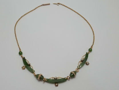 9K Yellow Gold English Jade & Pearl Link Chain Necklace