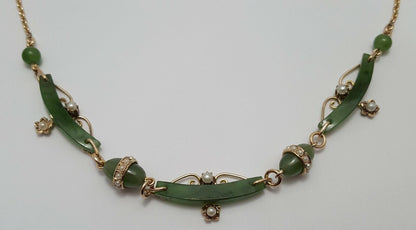 9K Yellow Gold English Jade & Pearl Link Chain Necklace