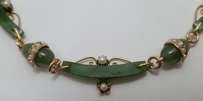 9K Yellow Gold English Jade & Pearl Link Chain Necklace