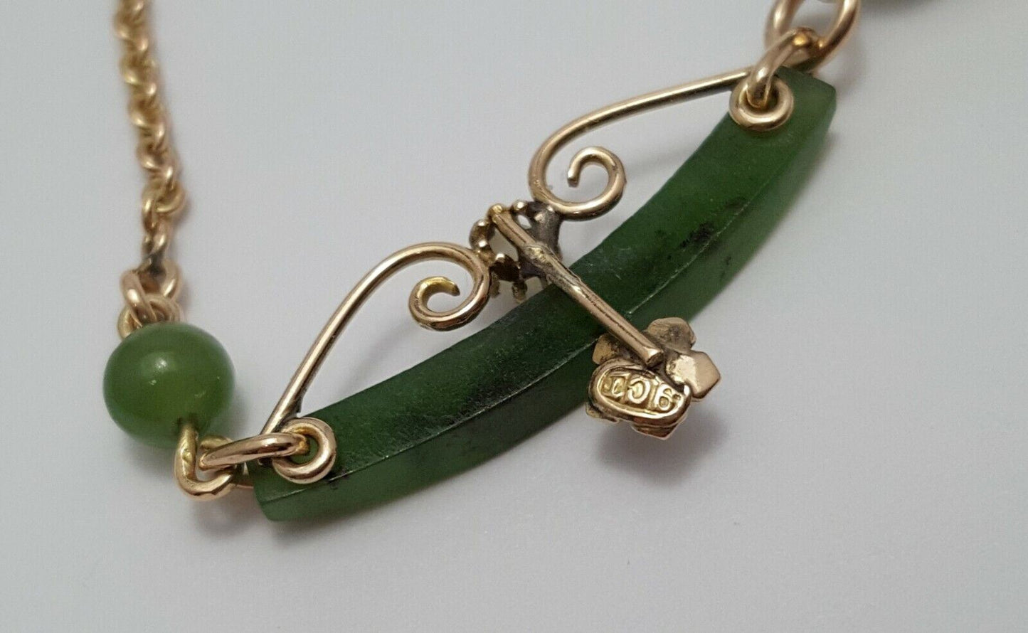 9K Yellow Gold English Jade & Pearl Link Chain Necklace