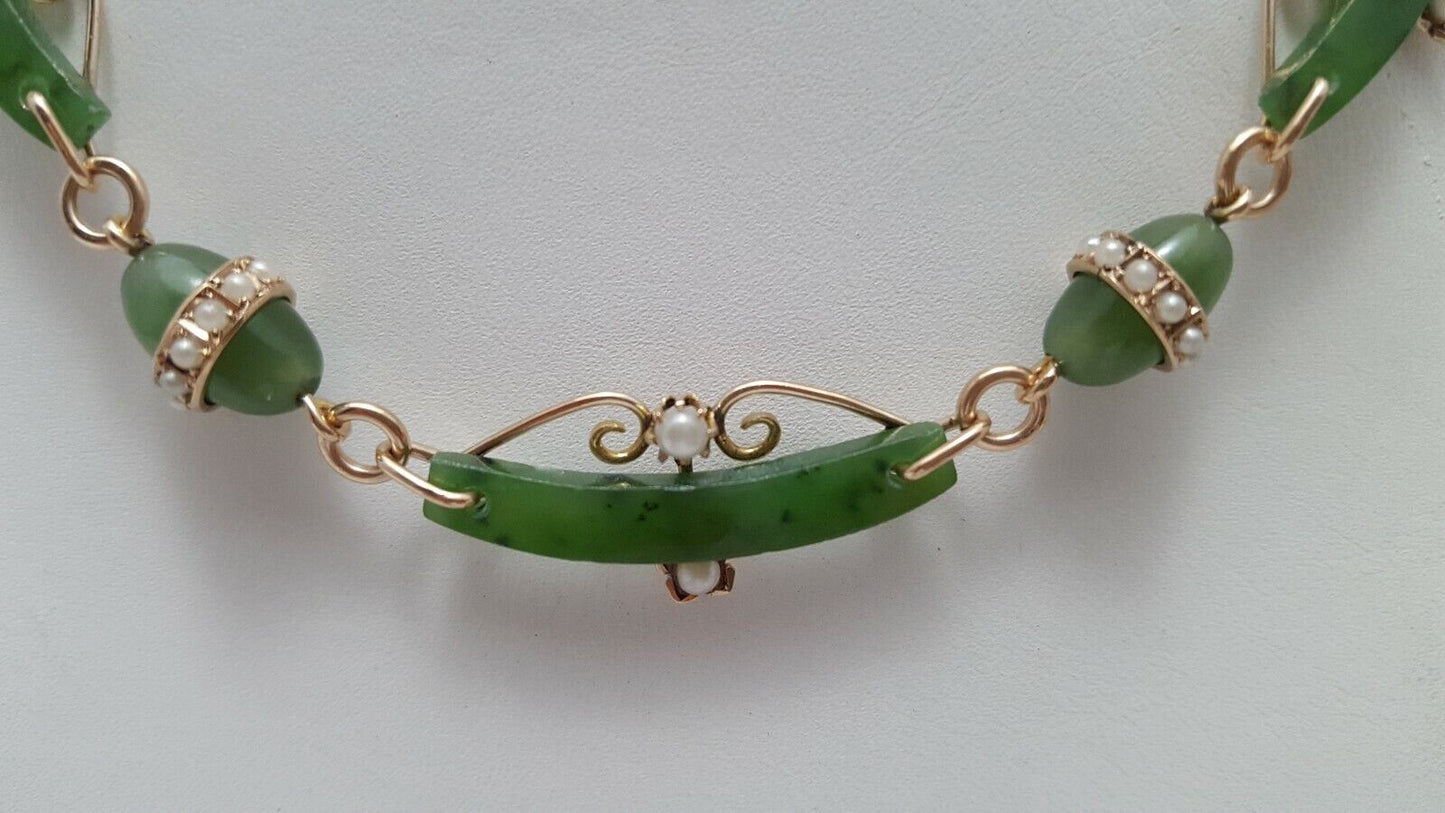 9K Yellow Gold English Jade & Pearl Link Chain Necklace