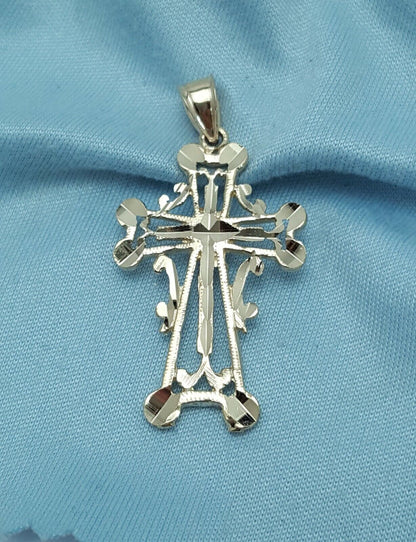 14K Solid Yellow Gold Diamond Cut Religious Cross Charm Pendant