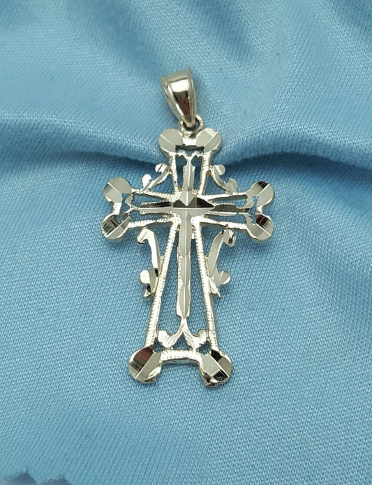 14K Solid Yellow Gold Diamond Cut Religious Cross Charm Pendant