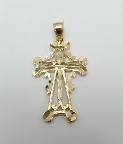 14K Solid Yellow Gold Diamond Cut Religious Cross Charm Pendant