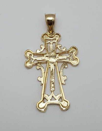 14K Solid Yellow Gold Diamond Cut Religious Cross Charm Pendant