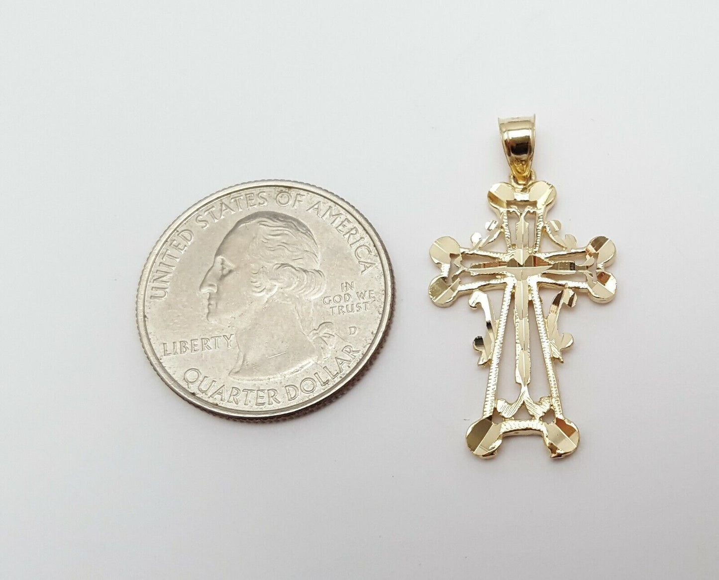 14K Solid Yellow Gold Diamond Cut Religious Cross Charm Pendant