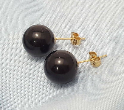 14K Yellow Gold Designer Ball Polished Onyx Stud Earrings