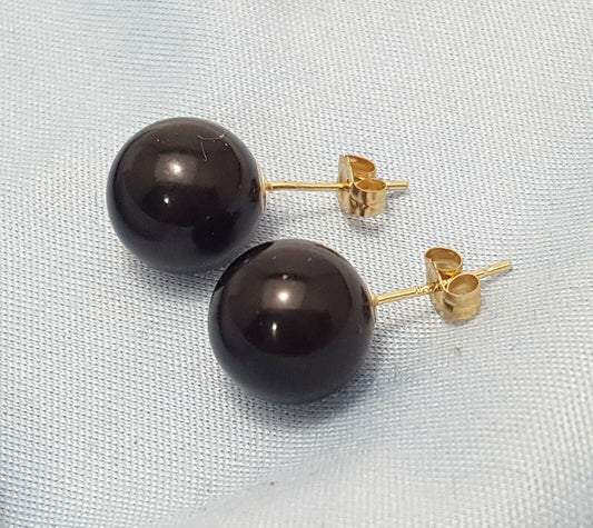 14K Yellow Gold Designer Ball Polished Onyx Stud Earrings