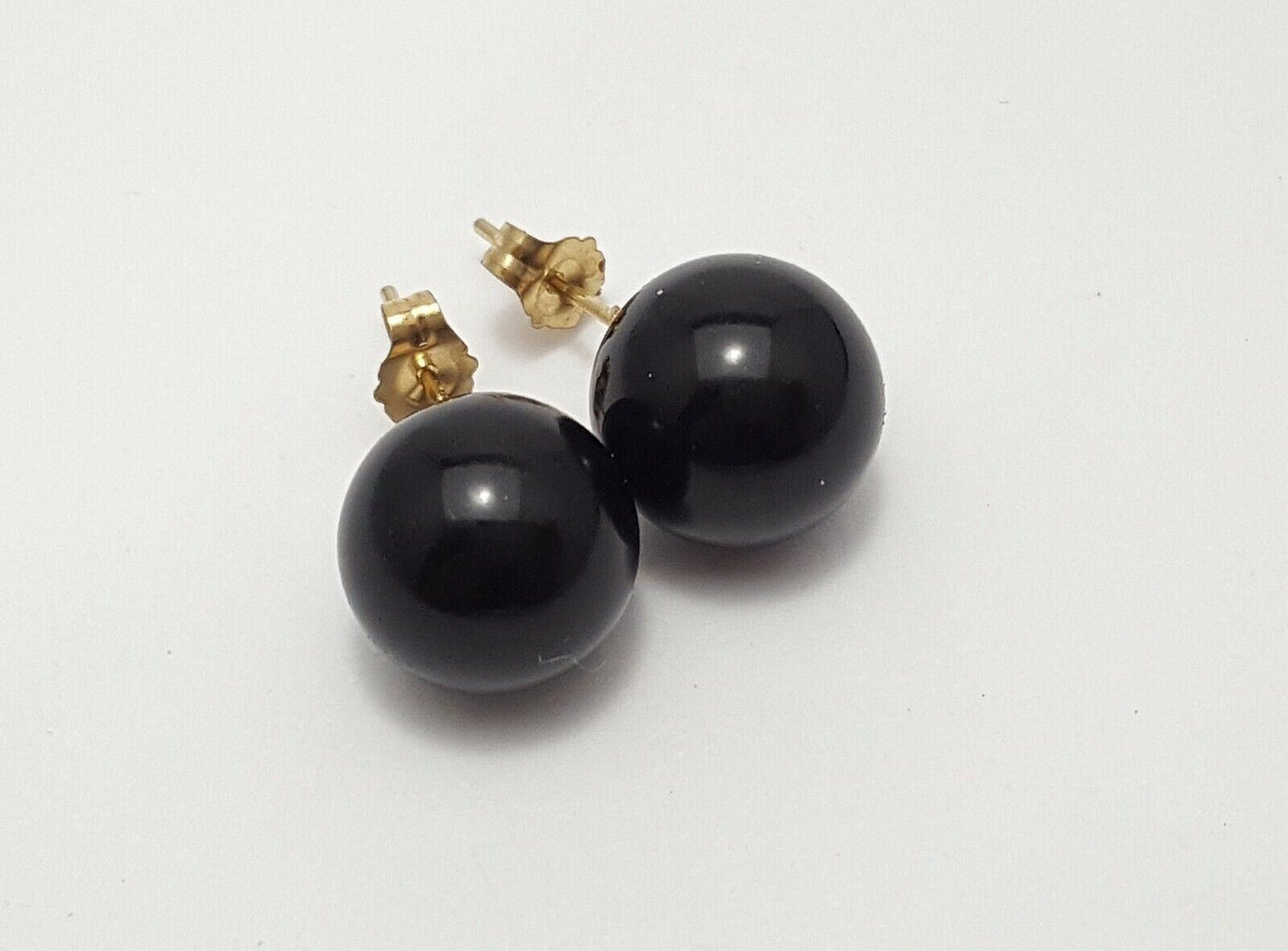 14K Yellow Gold Designer Ball Polished Onyx Stud Earrings