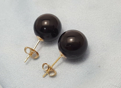 14K Yellow Gold Designer Ball Polished Onyx Stud Earrings