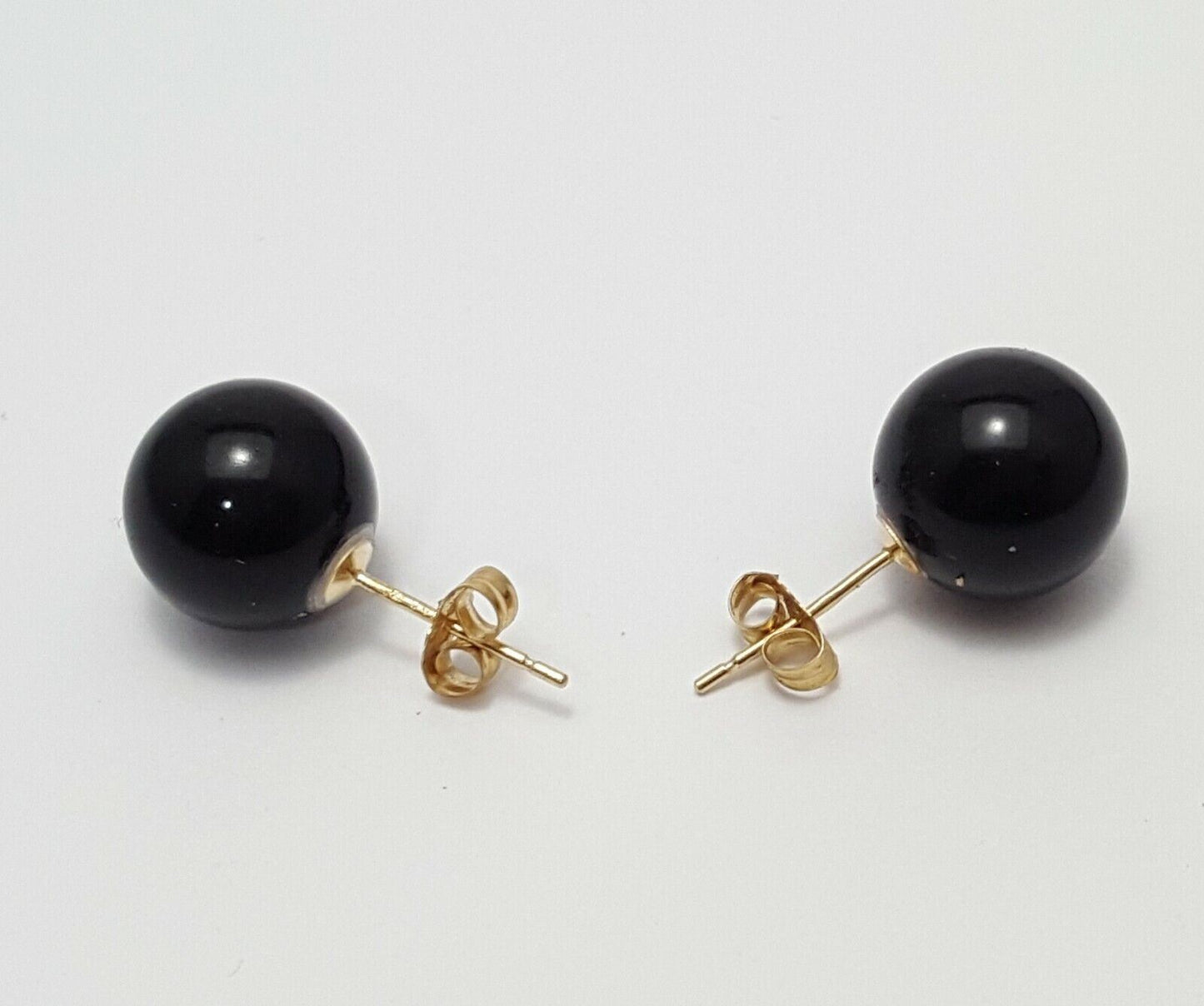 14K Yellow Gold Designer Ball Polished Onyx Stud Earrings