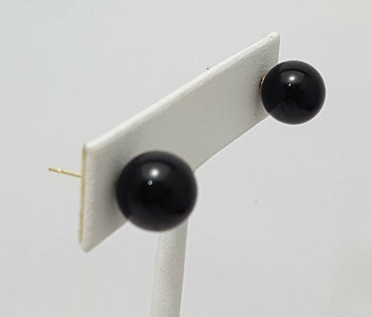 14K Yellow Gold Designer Ball Polished Onyx Stud Earrings