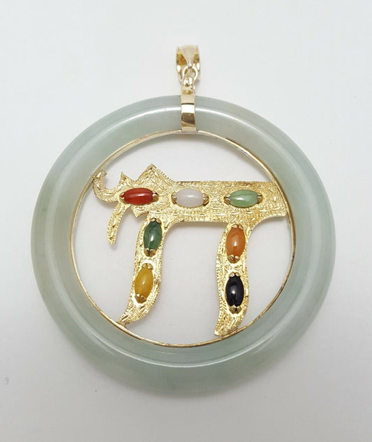 14K Solid Yellow Gold Large Multi Colored Jade Chai Charm Pendant