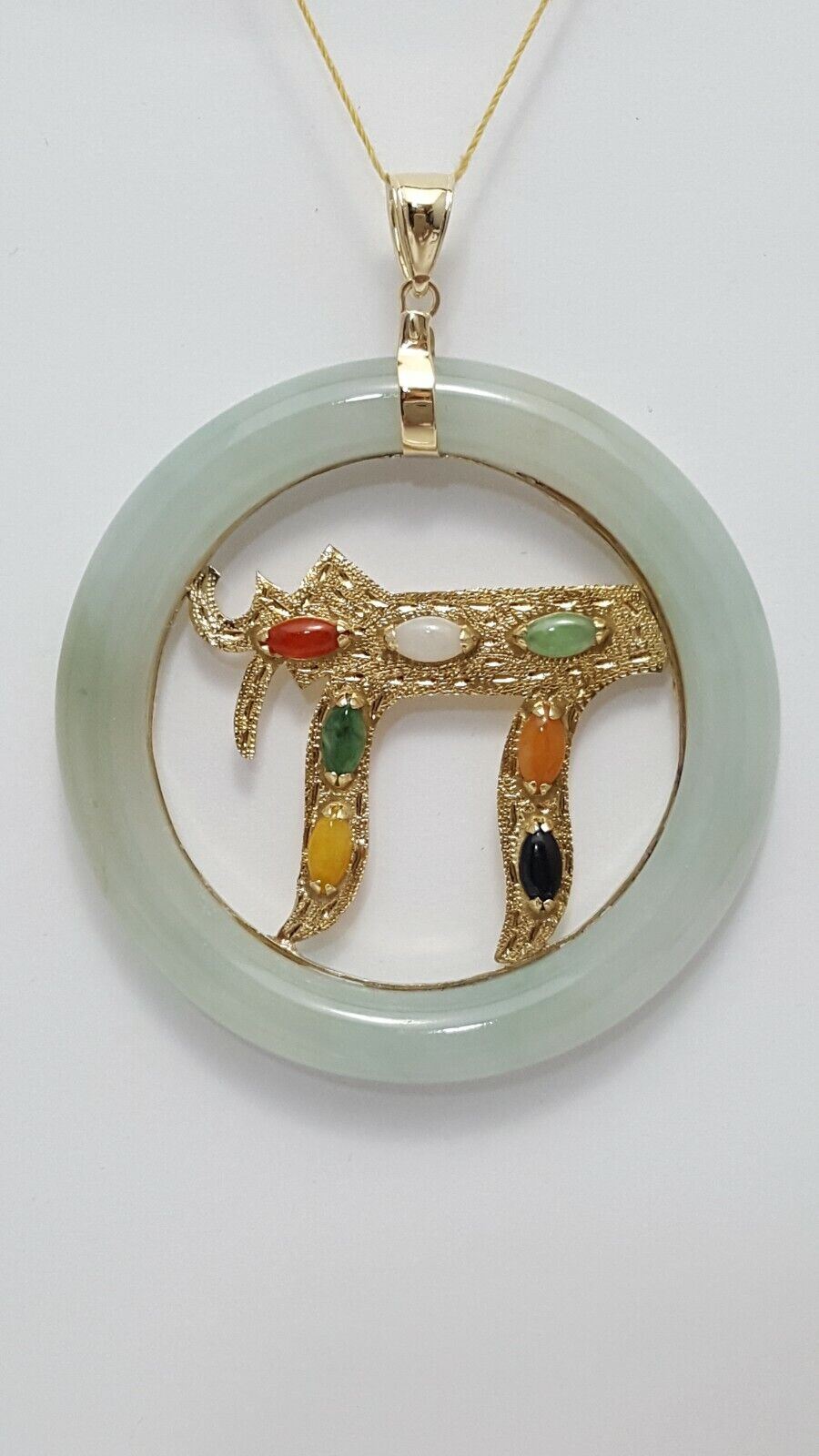 14K Solid Yellow Gold Large Multi Colored Jade Chai Charm Pendant