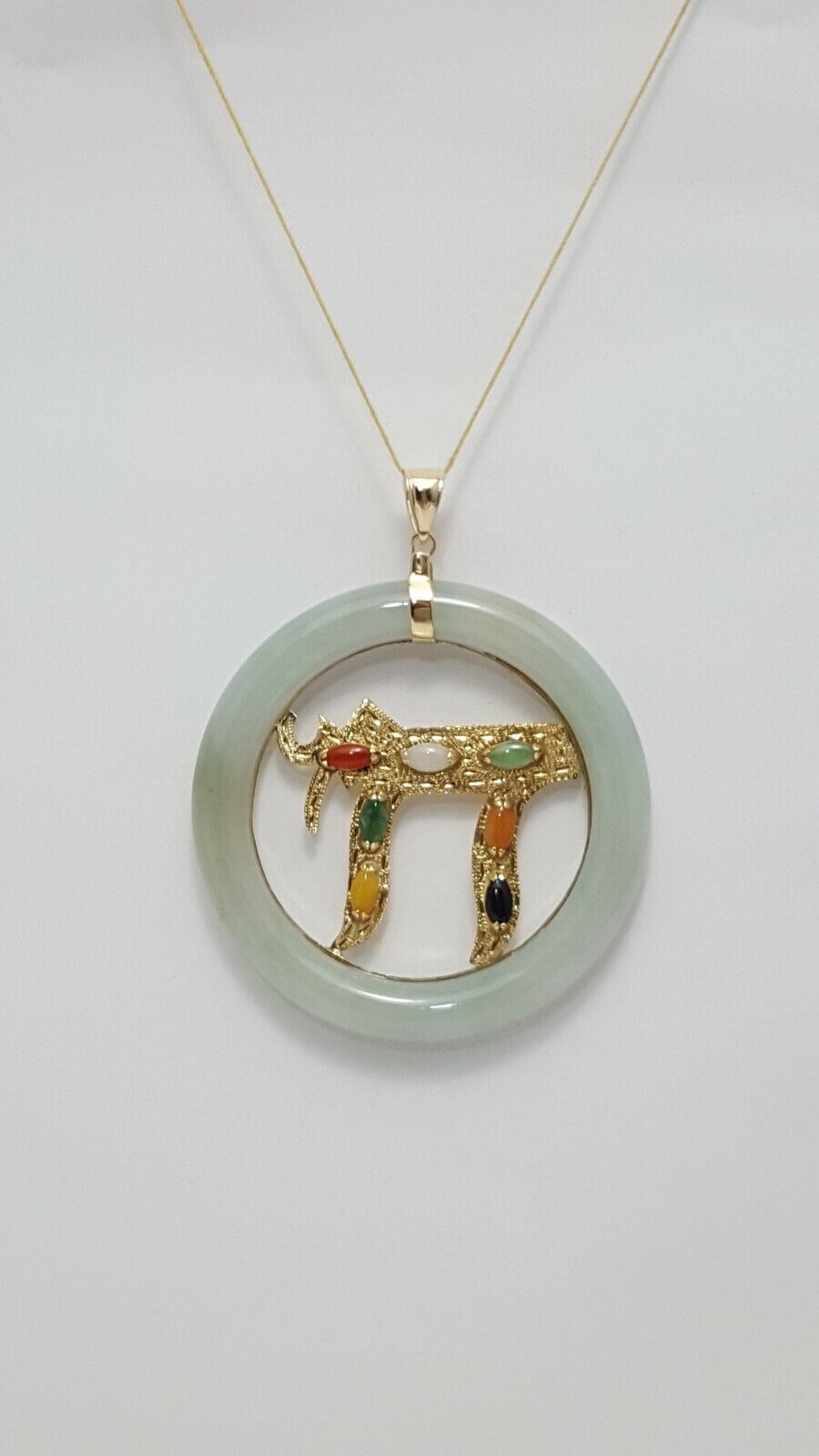 14K Solid Yellow Gold Large Multi Colored Jade Chai Charm Pendant