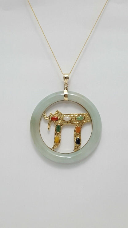 14K Solid Yellow Gold Large Multi Colored Jade Chai Charm Pendant