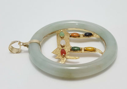 14K Solid Yellow Gold Large Multi Colored Jade Chai Charm Pendant