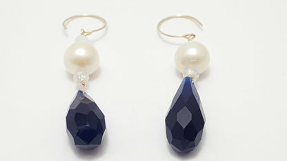 14K Yellow Gold Designer Dangle Hanging Pearl & Blue Crystal Earrings