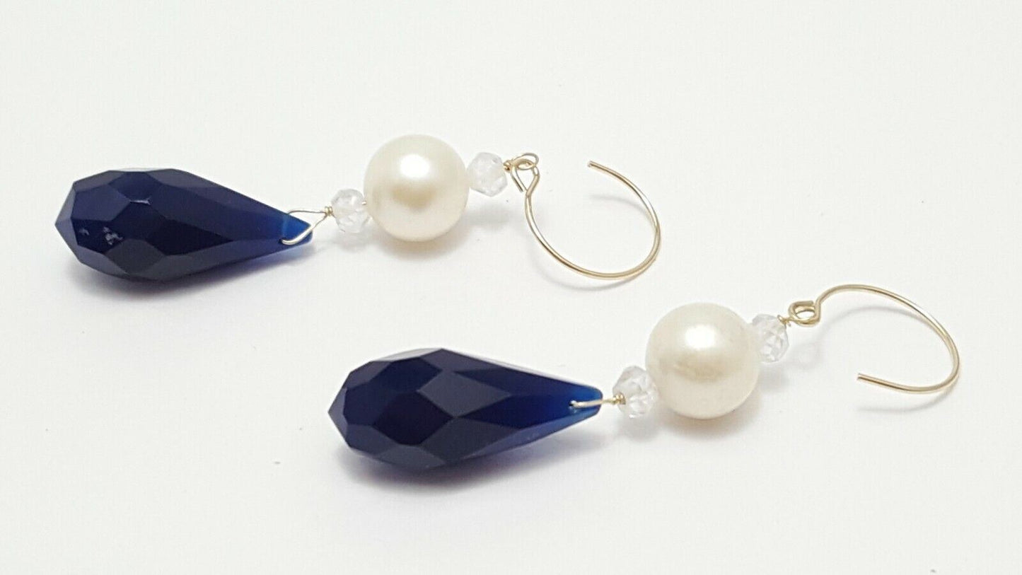 14K Yellow Gold Designer Dangle Hanging Pearl & Blue Crystal Earrings