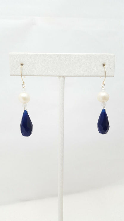 14K Yellow Gold Designer Dangle Hanging Pearl & Blue Crystal Earrings