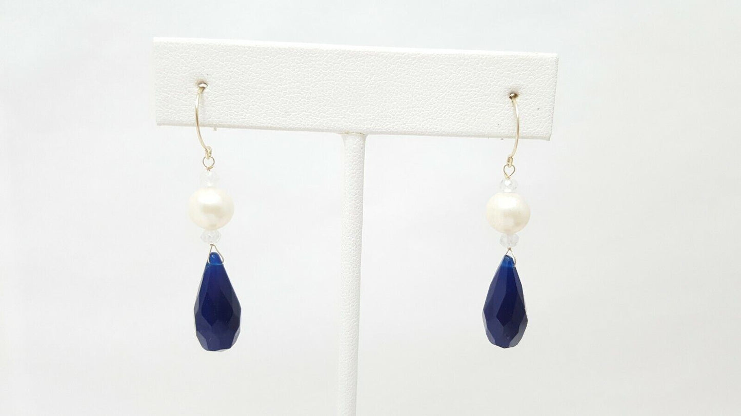 14K Yellow Gold Designer Dangle Hanging Pearl & Blue Crystal Earrings