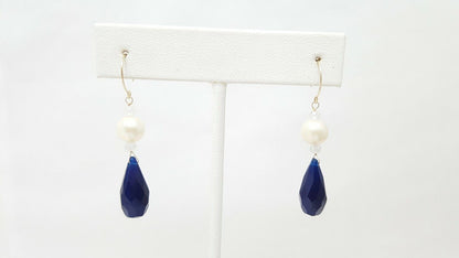 14K Yellow Gold Designer Dangle Hanging Pearl & Blue Crystal Earrings