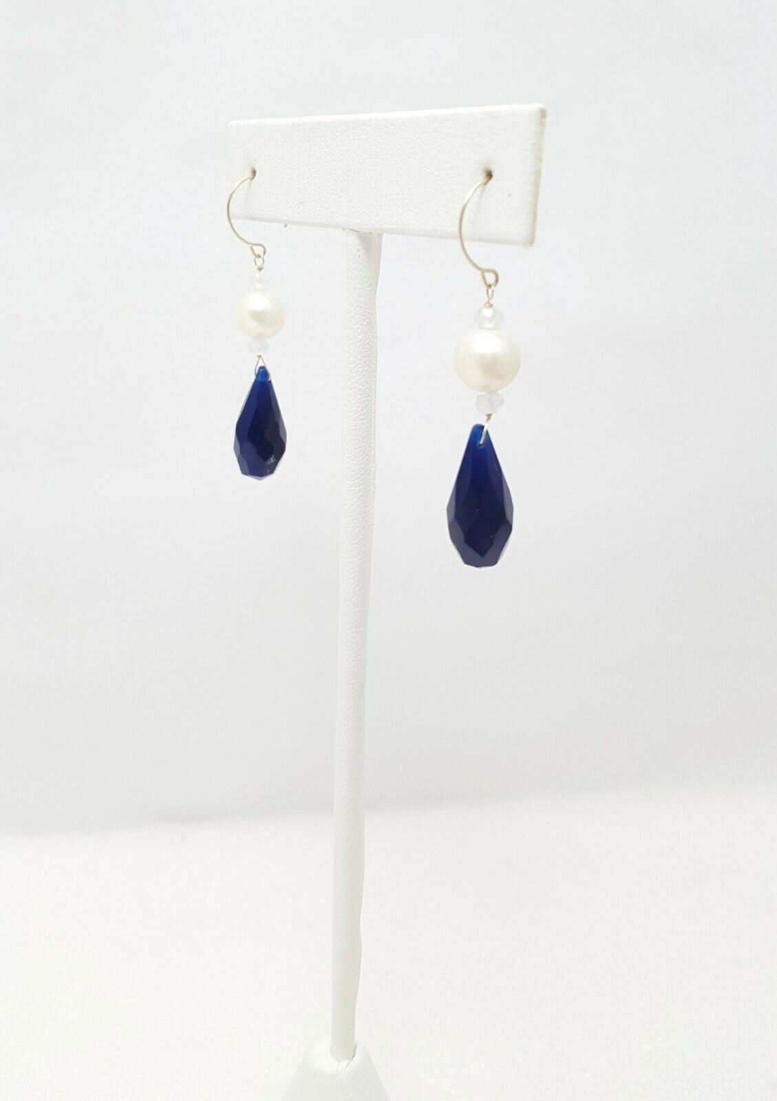 14K Yellow Gold Designer Dangle Hanging Pearl & Blue Crystal Earrings