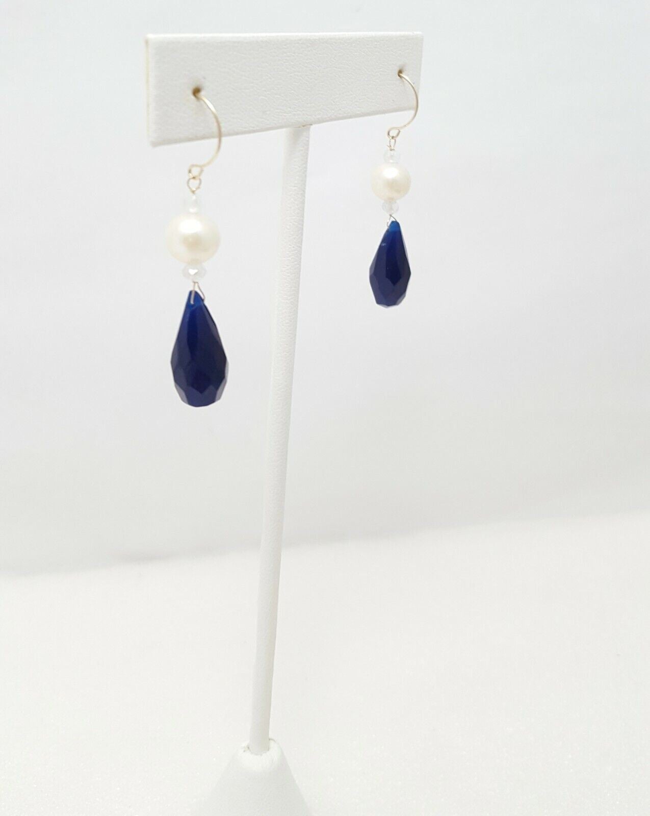 14K Yellow Gold Designer Dangle Hanging Pearl & Blue Crystal Earrings