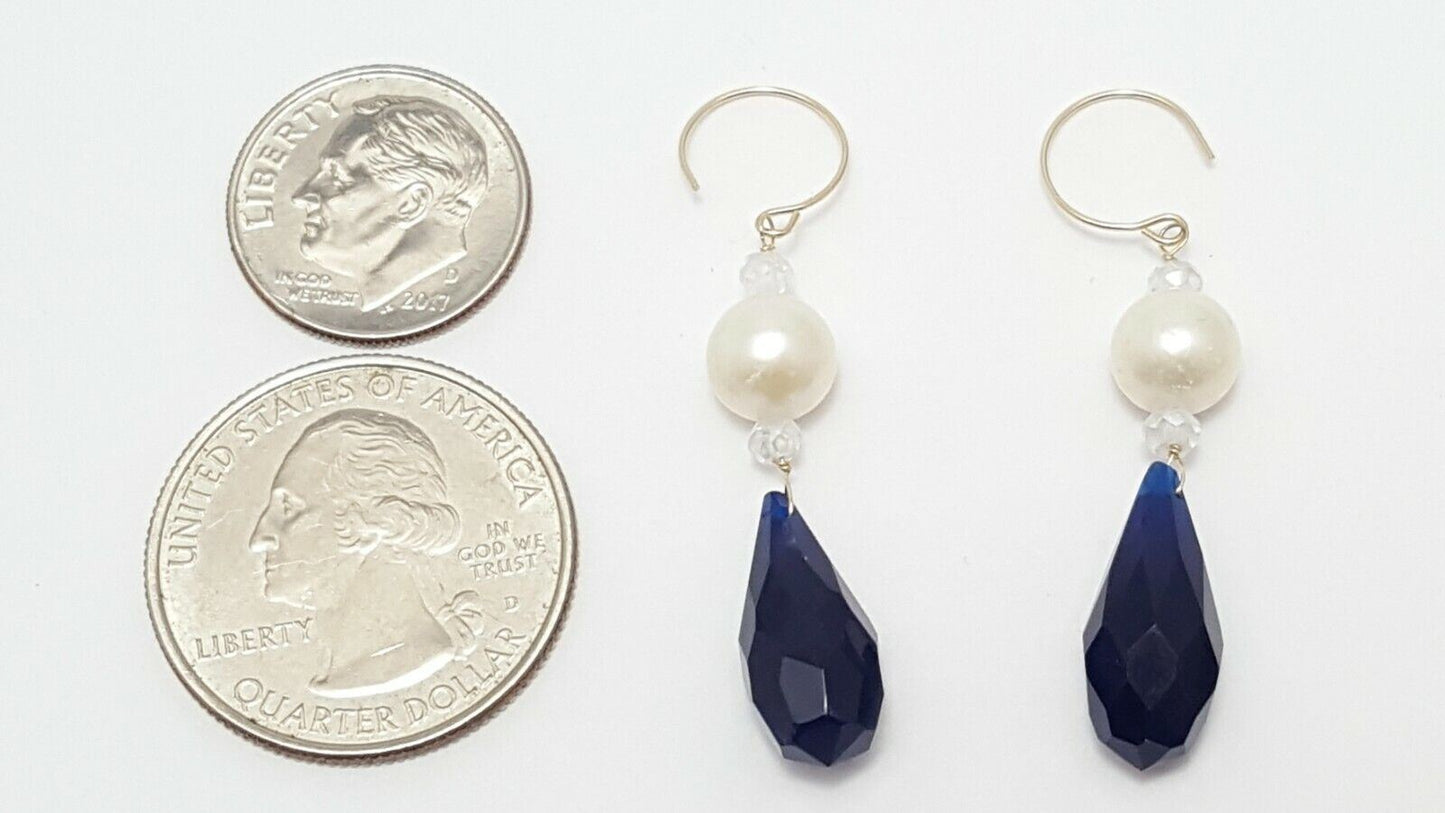 14K Yellow Gold Designer Dangle Hanging Pearl & Blue Crystal Earrings