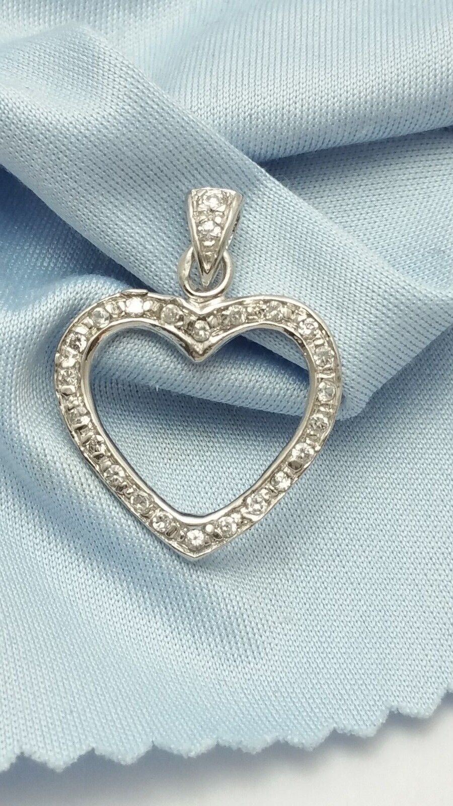 14K Solid White Gold Open Heart Cubic Zirconia Charm Pendant