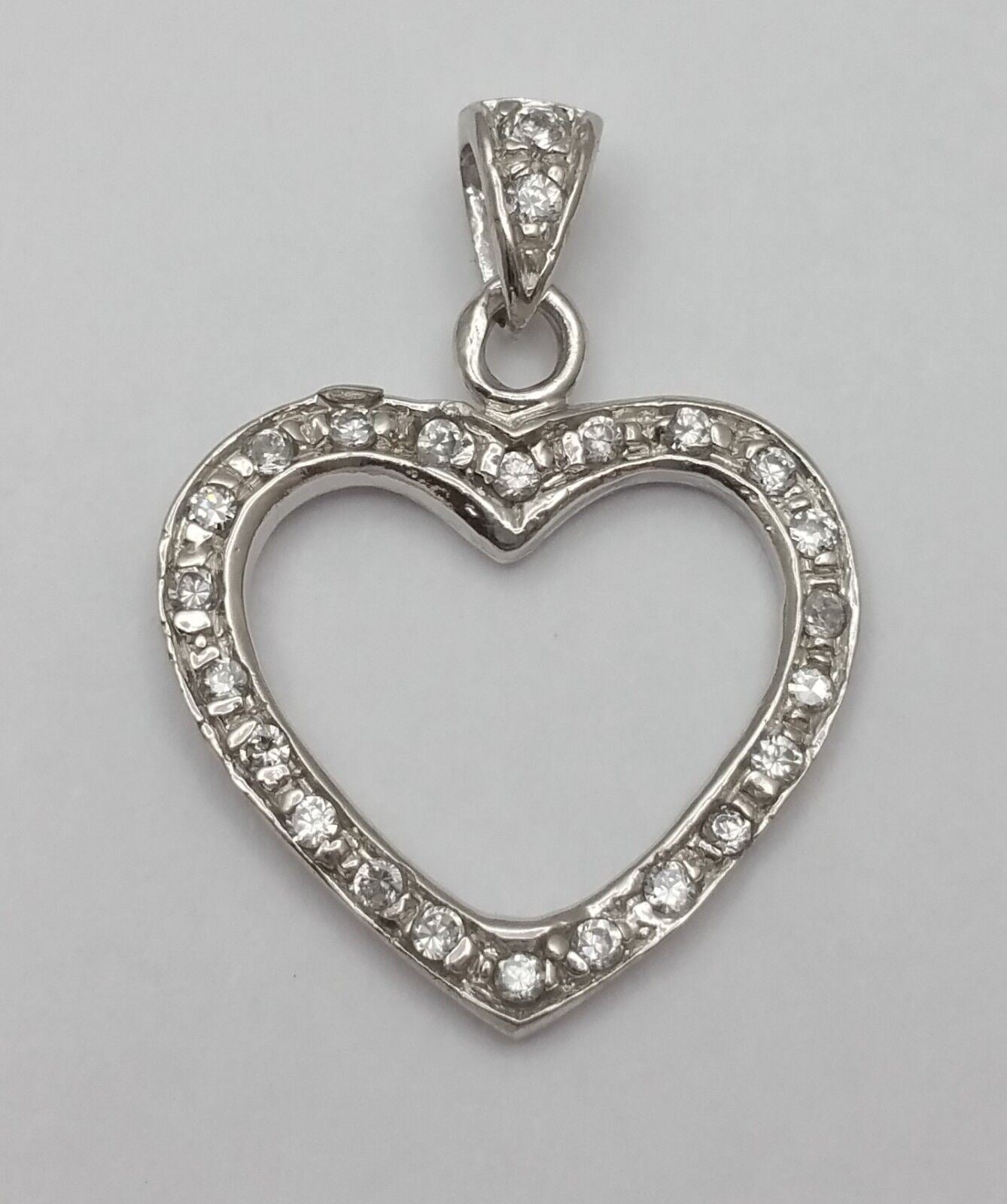 14K Solid White Gold Open Heart Cubic Zirconia Charm Pendant