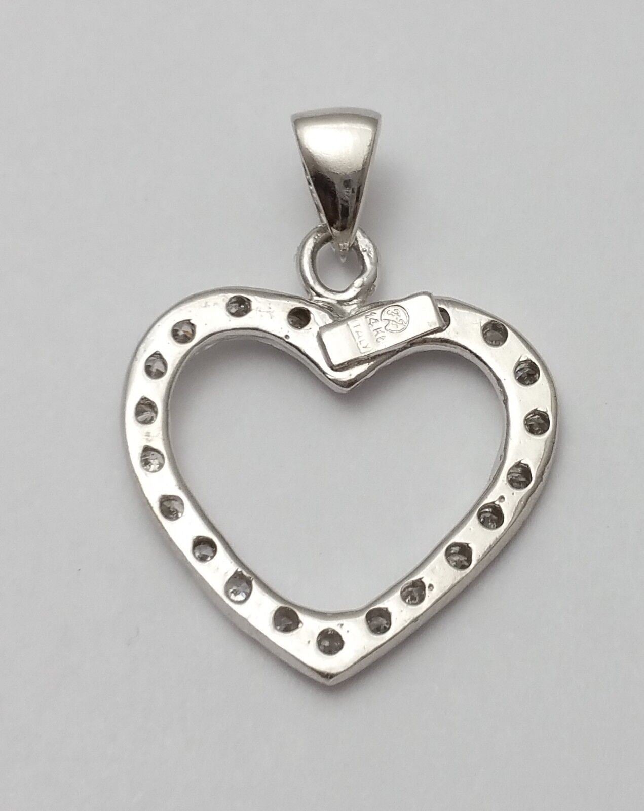 14K Solid White Gold Open Heart Cubic Zirconia Charm Pendant