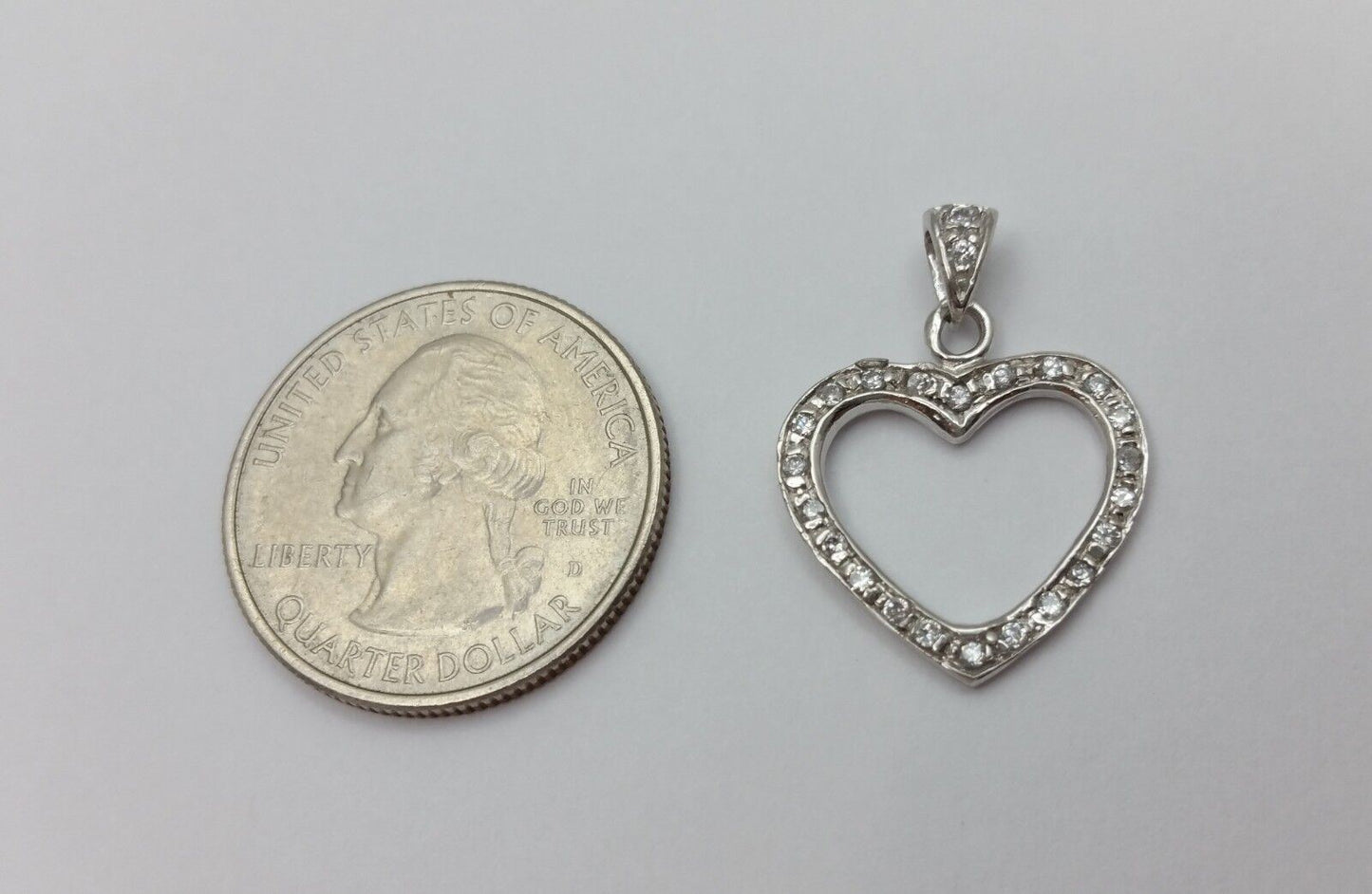 14K Solid White Gold Open Heart Cubic Zirconia Charm Pendant