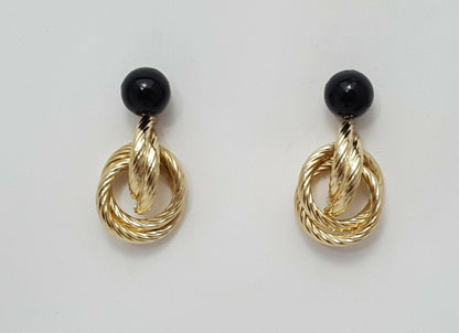 14K Yellow Gold Designer Dangle Hanging Black Ball Jacket Stud Earrings