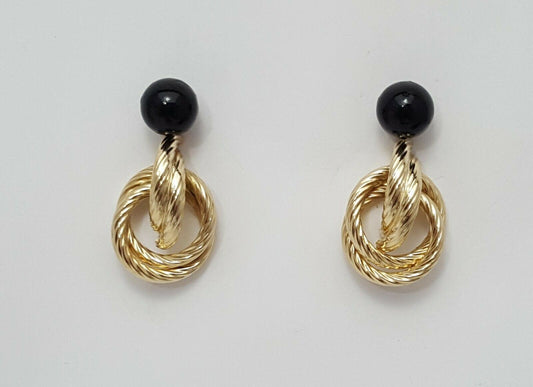 14K Yellow Gold Designer Dangle Hanging Black Ball Jacket Stud Earrings