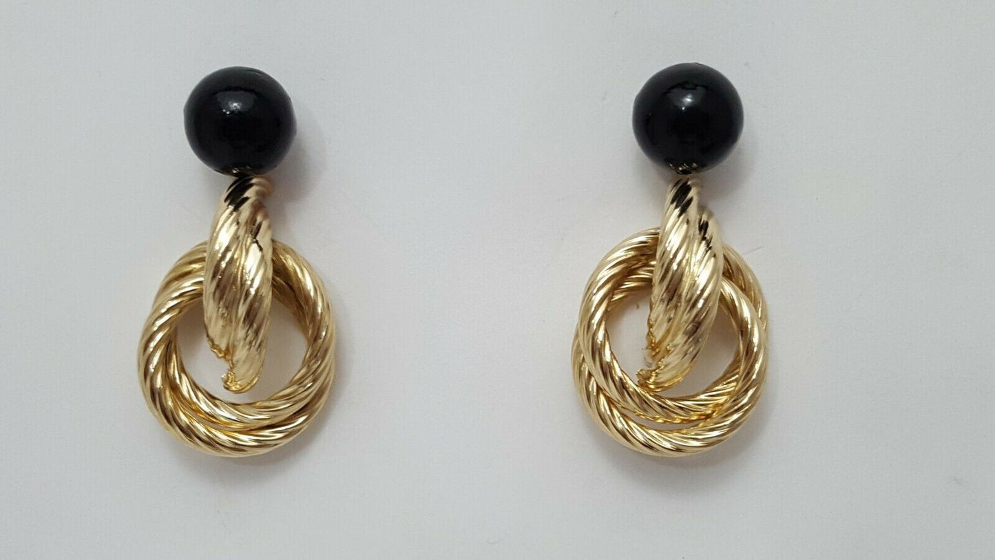 14K Yellow Gold Designer Dangle Hanging Black Ball Jacket Stud Earrings